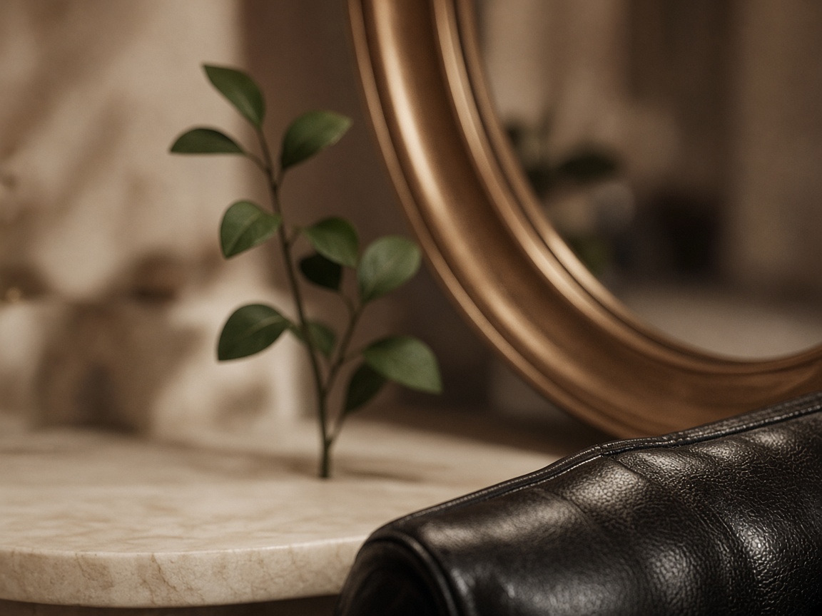 Bronze mirror, marble, and black leather in the Nyva salon