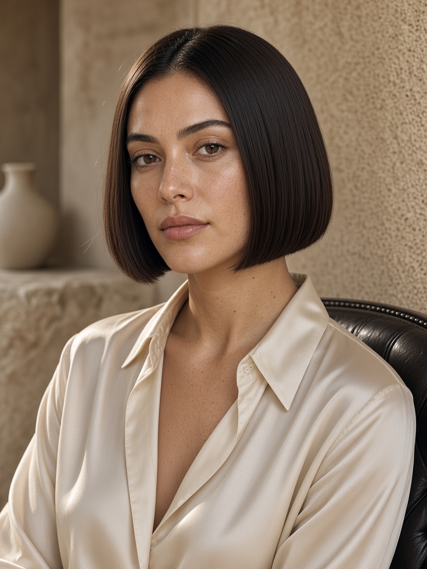Editorial portrait of a precise dark bob in ivory silk