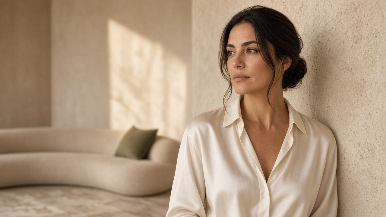 Nyva campaign portrait in ivory silk, in the house lounge