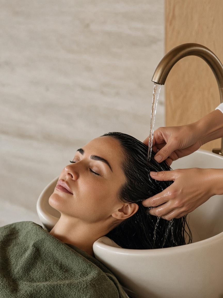 A hair spa underway at the ceramic basin