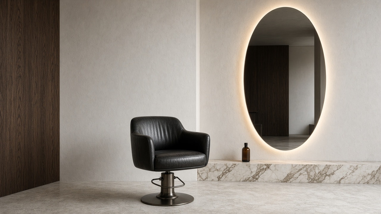 One black chair and an oval mirror on the styling floor