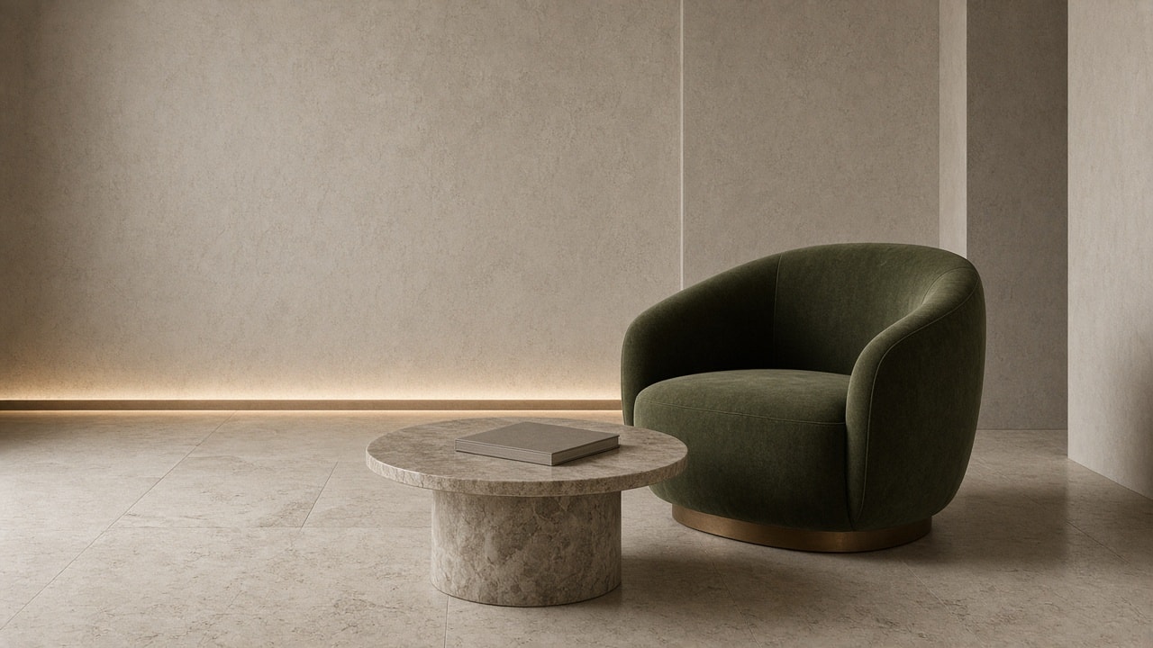 An olive chair and a stone table in the Nyva lounge