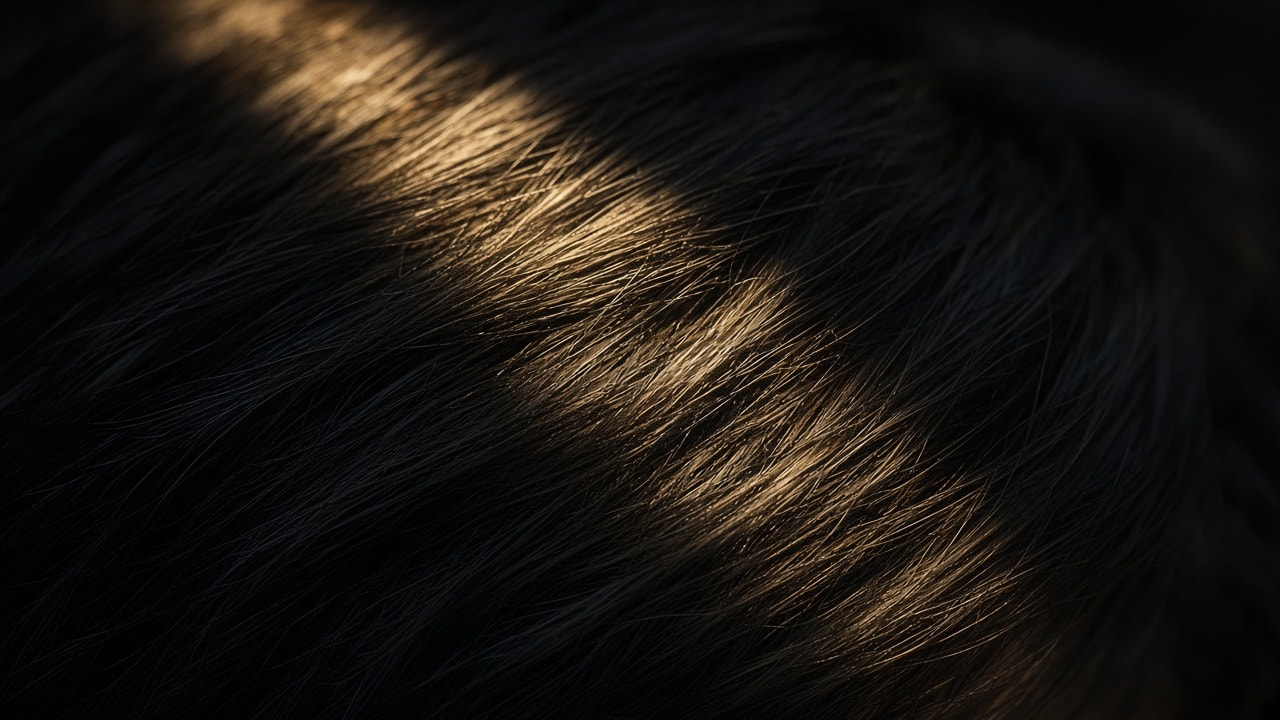 Daylight across the crown of dark hair