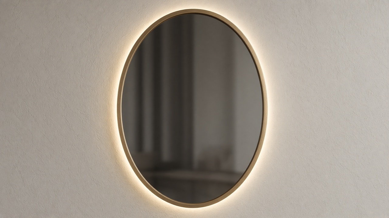 A single oval mirror with a warm halo