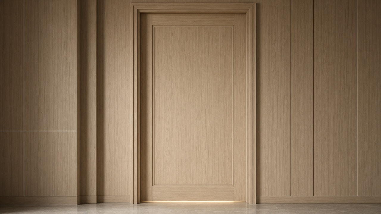 A closed oak door in the house corridor
