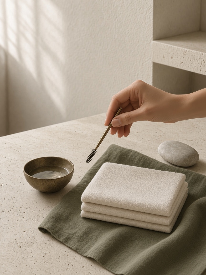 A bronze brow brush above folded towels