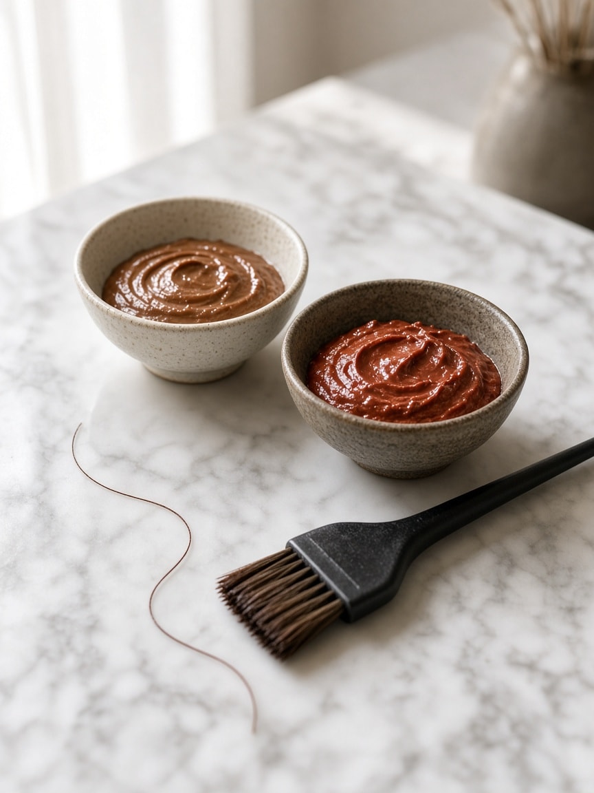Bowls of chestnut and copper colour on marble