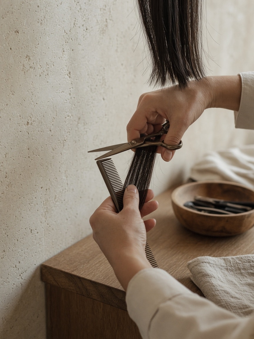 Bronze scissors and a comb through a section of dark hair