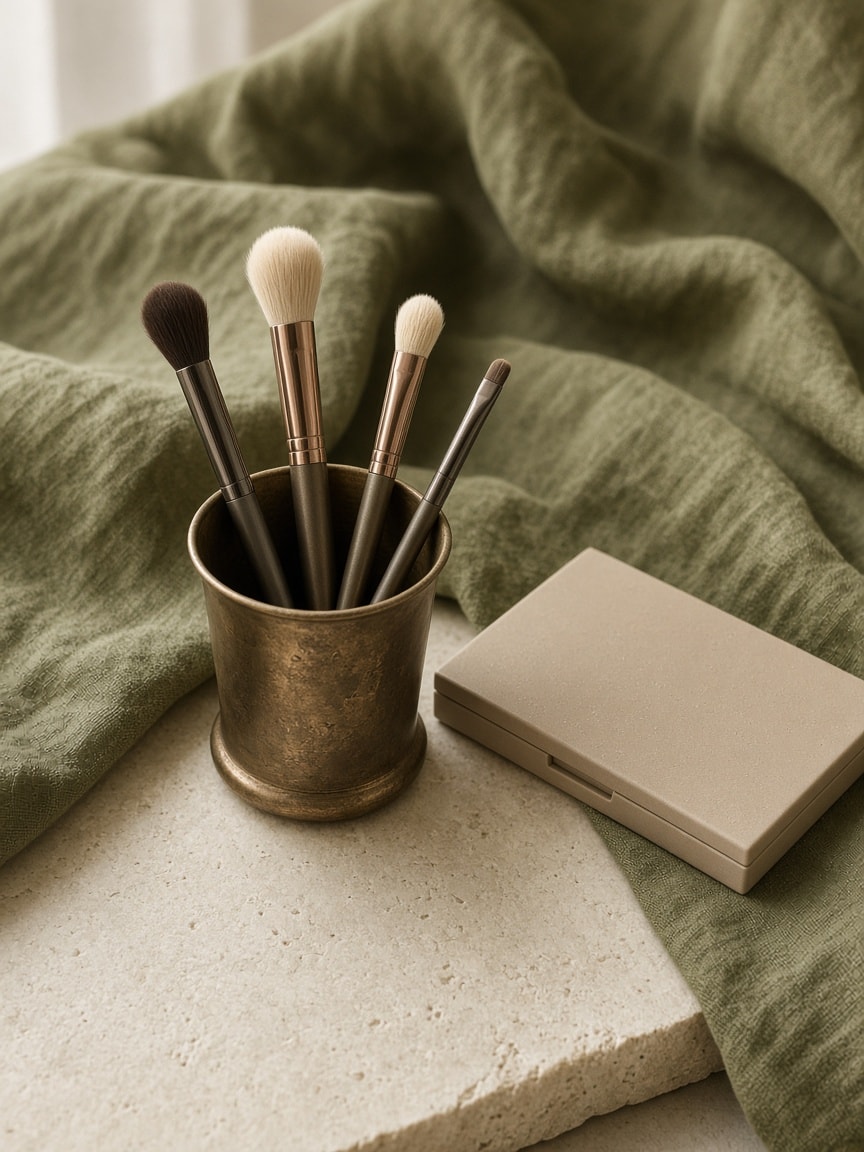 Makeup brushes in a bronze cup on stone