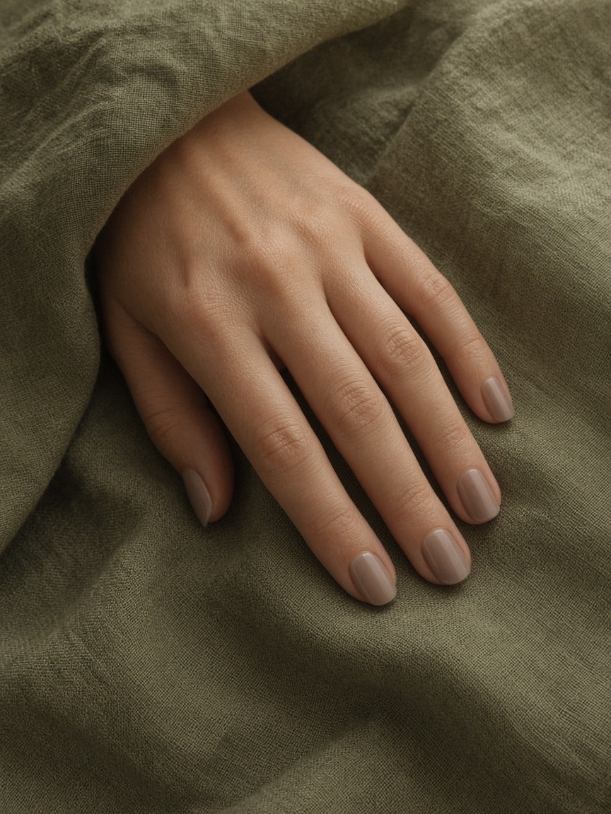 A sheer taupe manicure on olive linen