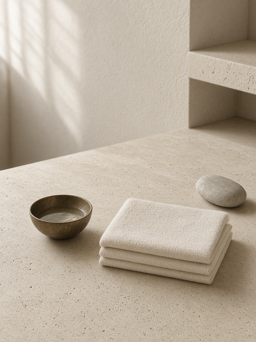 A bronze bowl and a cream towel in the private room