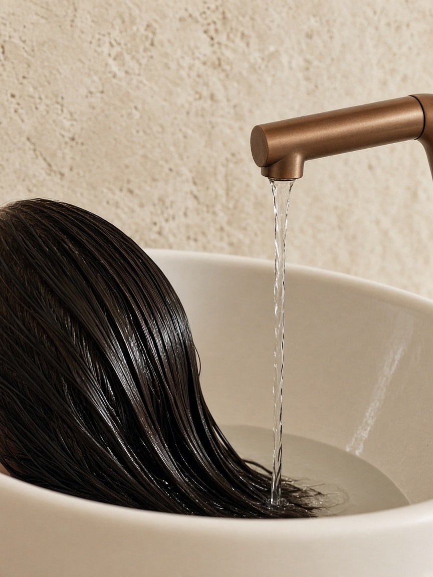 Wet hair in a cream basin under one bronze tap