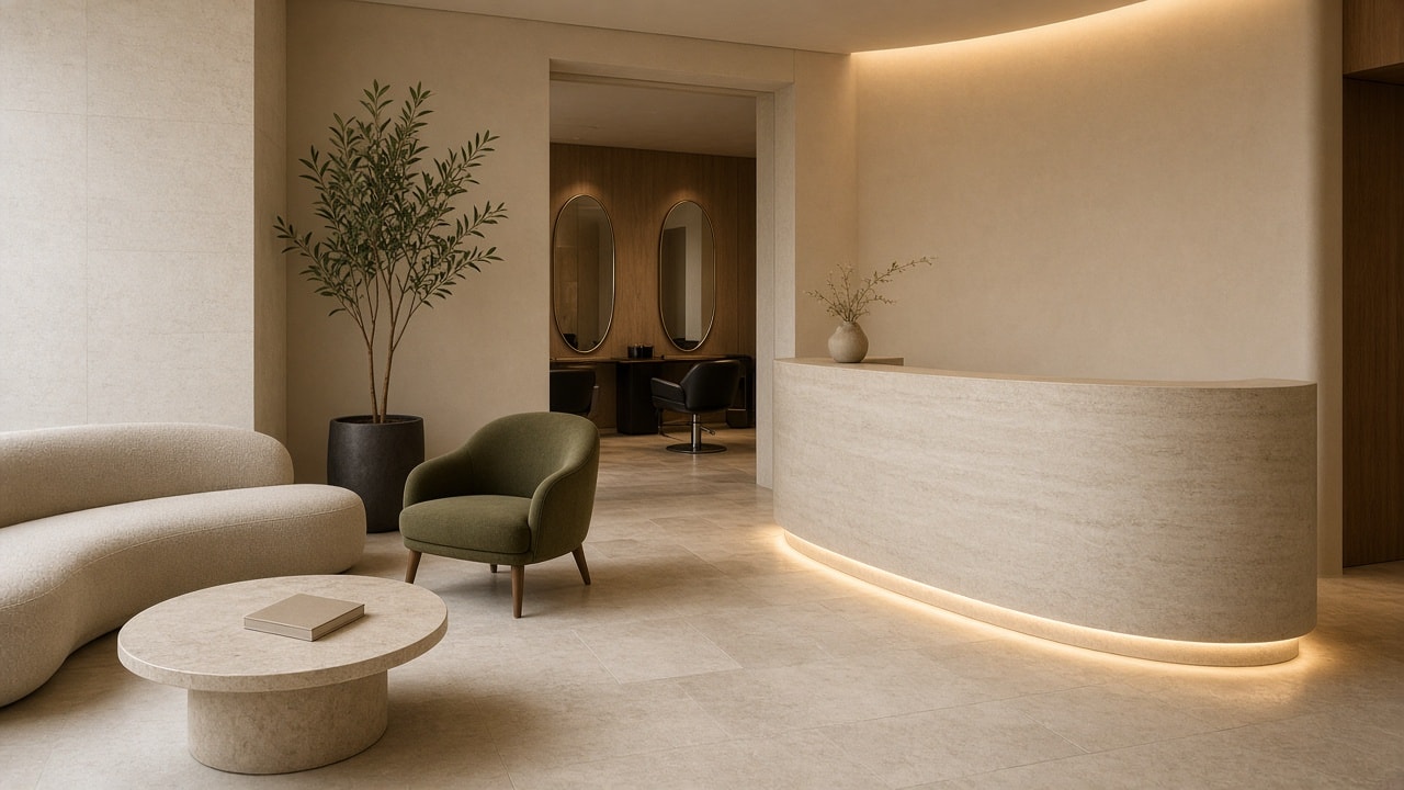 Reception of a Nyva house, with a stone desk and the lounge beyond