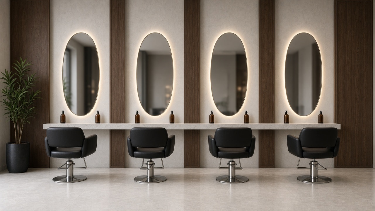 Styling floor with backlit oval mirrors and black chairs