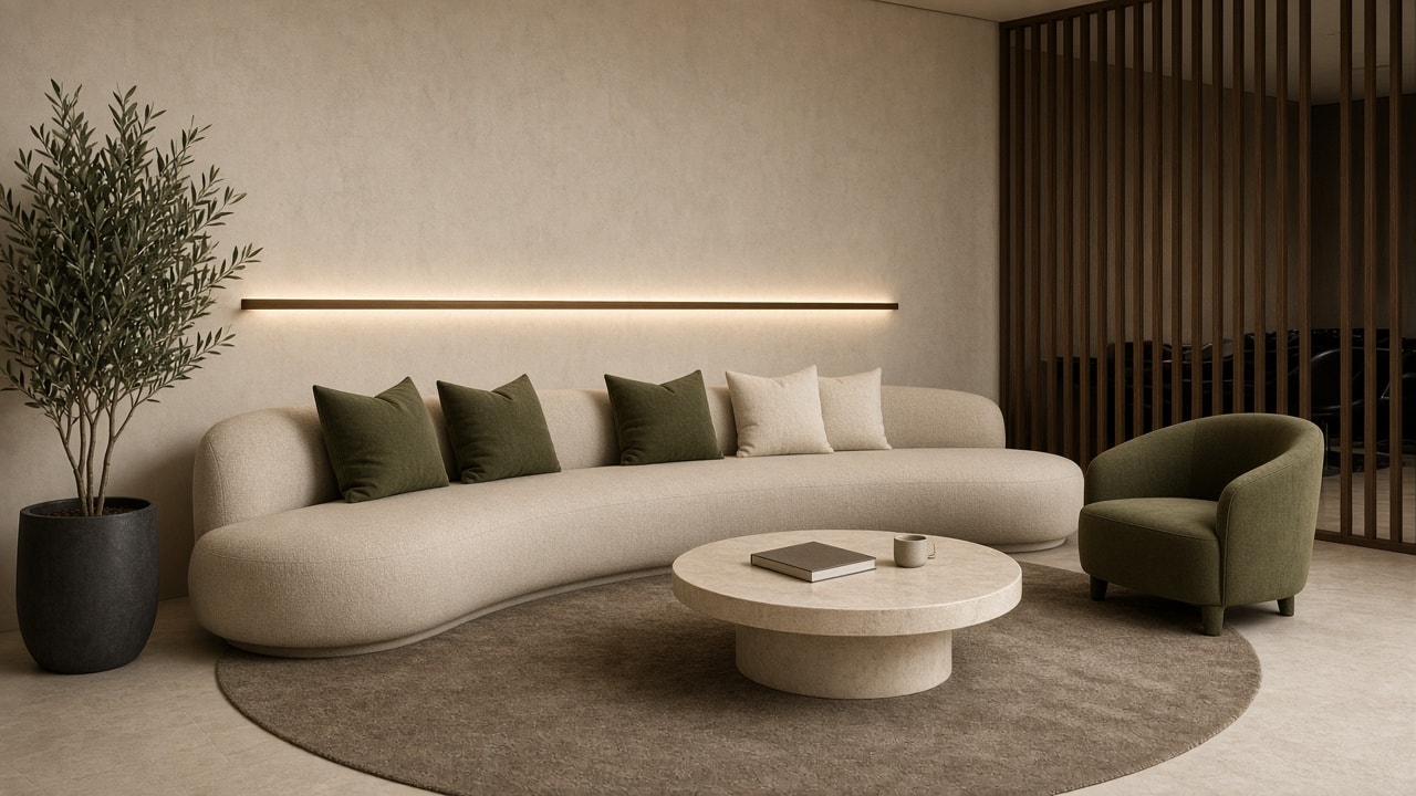Waiting lounge with a curved sofa in warm stone light